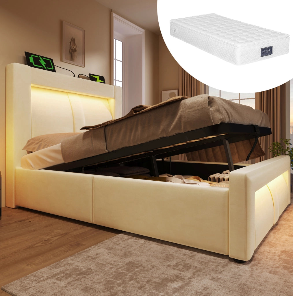 Letto singolo ULEVR 90x200 cm con materasso, contenitore idraulico, LED, USB e USB-C, velluto beige