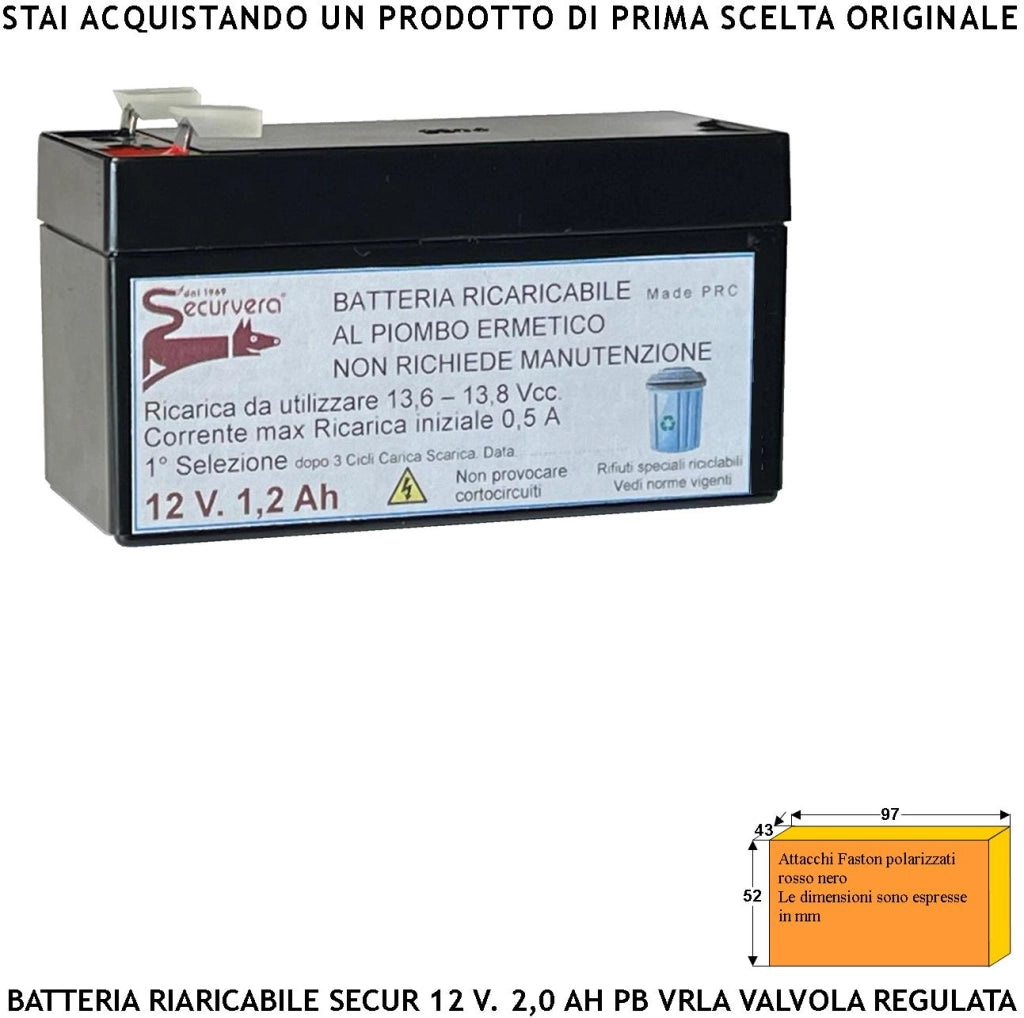 Batteria Ermetica VRLA Ricaricabile 12 V 1,2 Ah Pb Regolata da Valvola Collegamento Tramite 2 Faston 5 mm Polarizzati Caricata 3 Cicli C/S Selezionata da Securvera Non Necessita di Manutenzione
