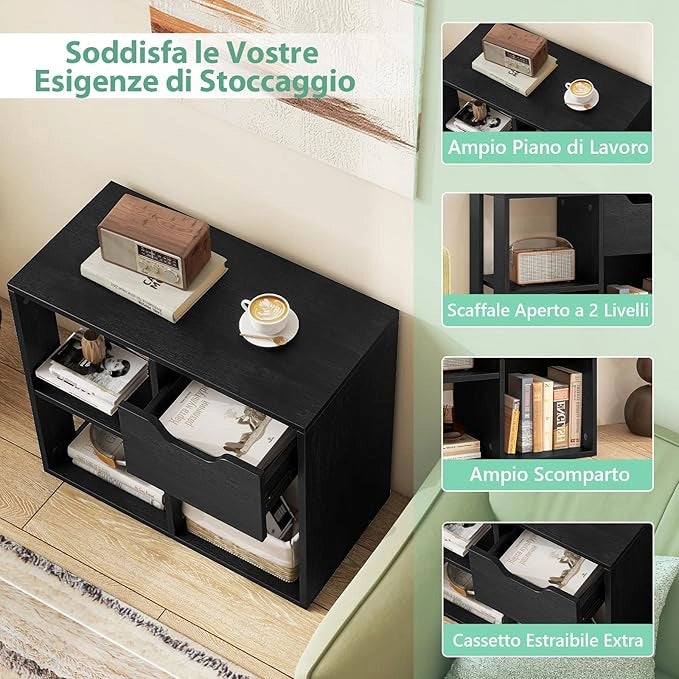 Libreria Scaffale, Libreria Bianco in Legno con Cassetto e 3 Cubi, 60 x 30 x 53 cm, Scaffale Multiuso per Soggiorno, Ingresso, Ufficio e Cameretta (Nero)