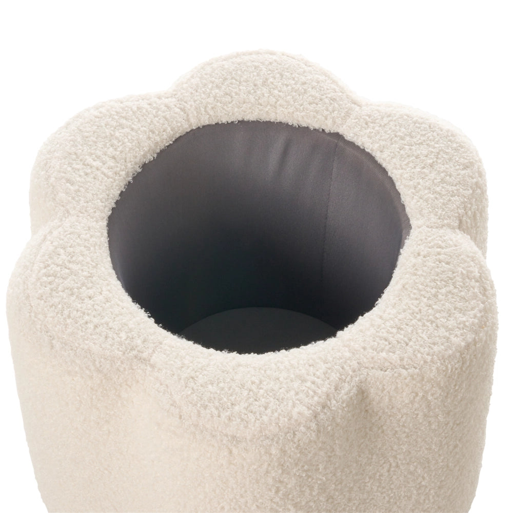 Pouf bianco sporco con rivestimento in bouclé, contenitore e motivo floreale, per soggiorno e camera da letto, stile scandinavo.