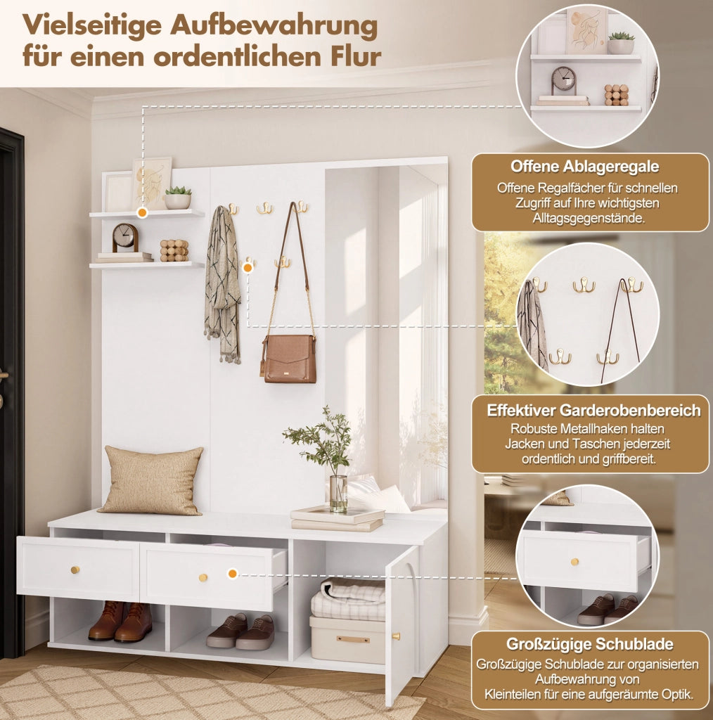 Set guardaroba da ingresso bianco con specchio e 5 ganci, 120 cm