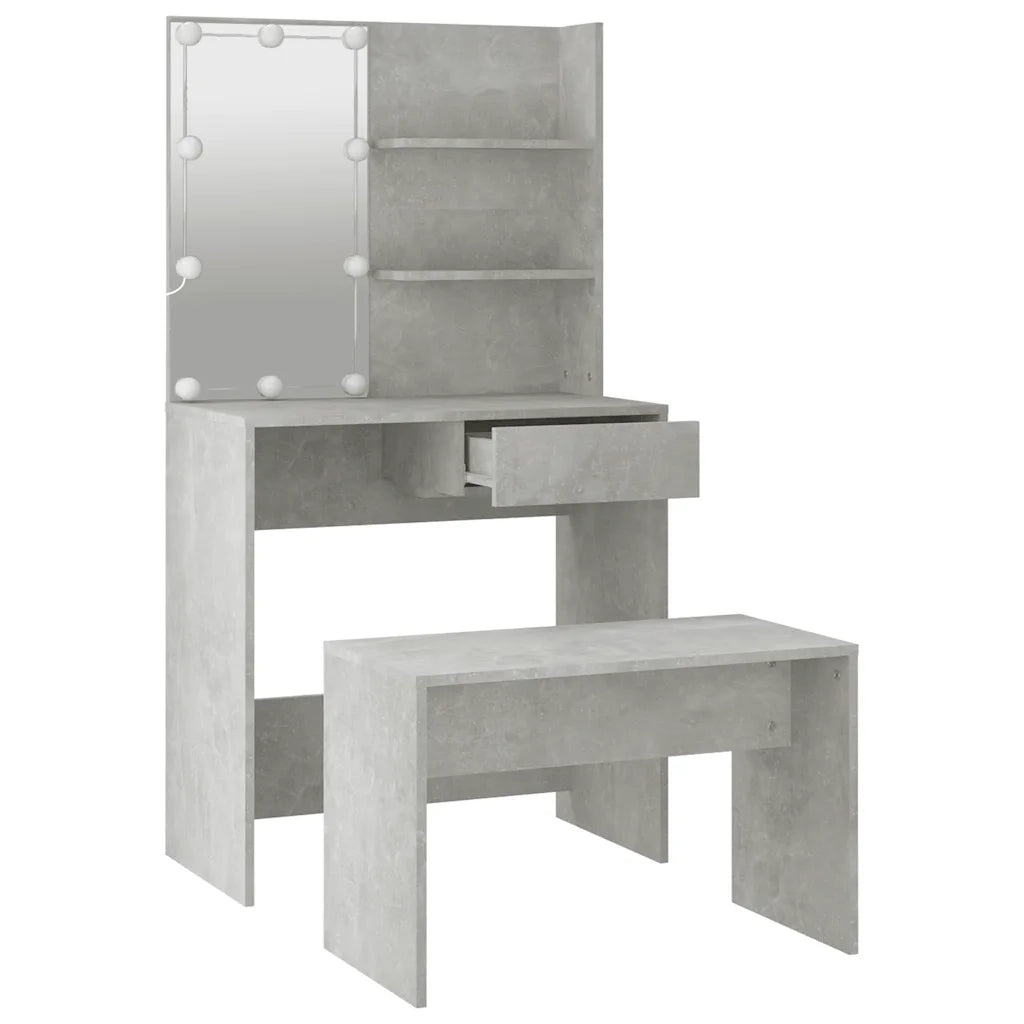 Set Tavolo da Toeletta | Tavolo da Trucco Grigio Cemento con LED Legno Multistrato