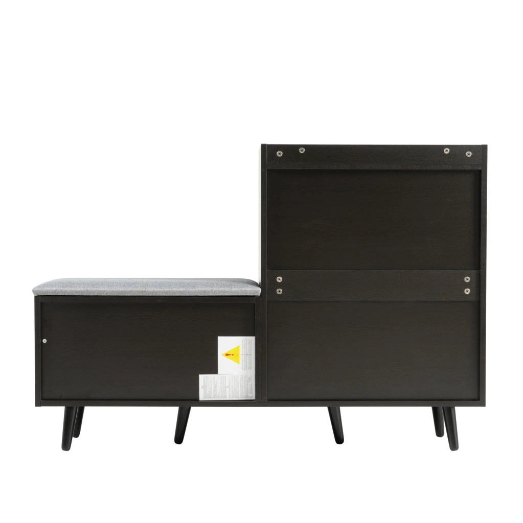 Scarpiera 120x34x82 cm con seduta imbottita; pannello truciolare e metallo; nero e noce scuro