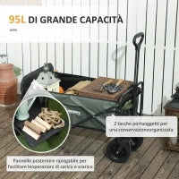 Carrello da Giardino da 95L Pieghevole con Pannello Apribile, in Acciaio e Poliestere, 125x48x78-102 cm, Verde