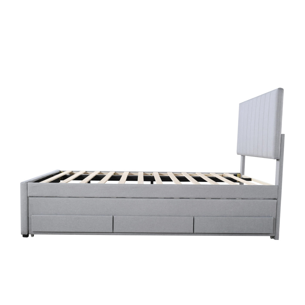 Letto imbottito con letto estraibile; 3 cassetti e testiera regolabile; tessuto cotone-lino; grigio; 90x200 cm; senza materasso