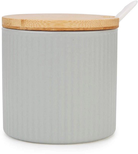 Suikerpot in ceramica con coperchio in legno e cucchiaio in ceramica, contenitore da zucchero vintage piccolo 250 ml (8,4 oz), adatto per barista, cucina e colazione in casa, grigio