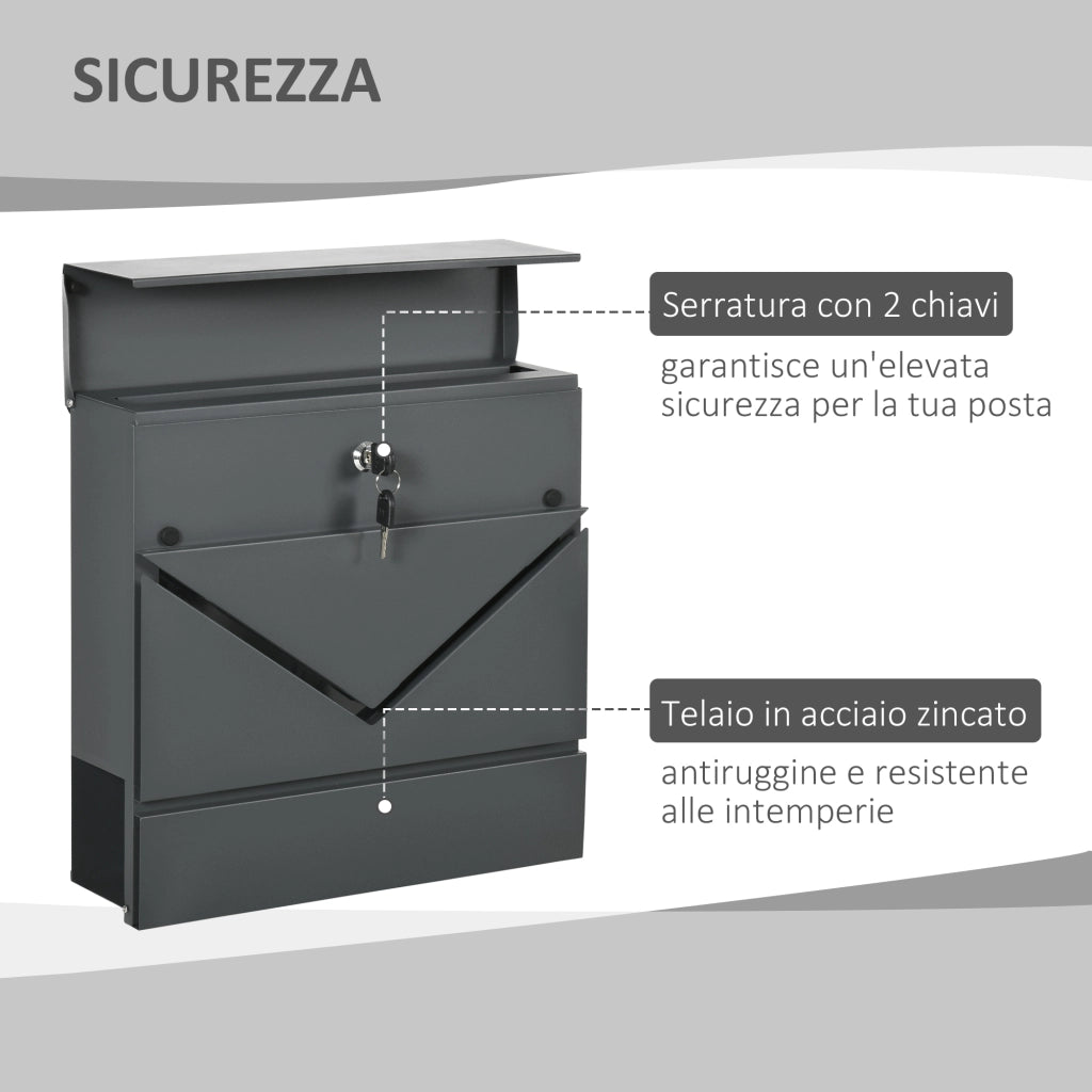 Cassetta Postale in Acciaio Zincato con Portagiornali e 2 Chiavi di Sicurezza, 37x10.5x37 cm, Grigio