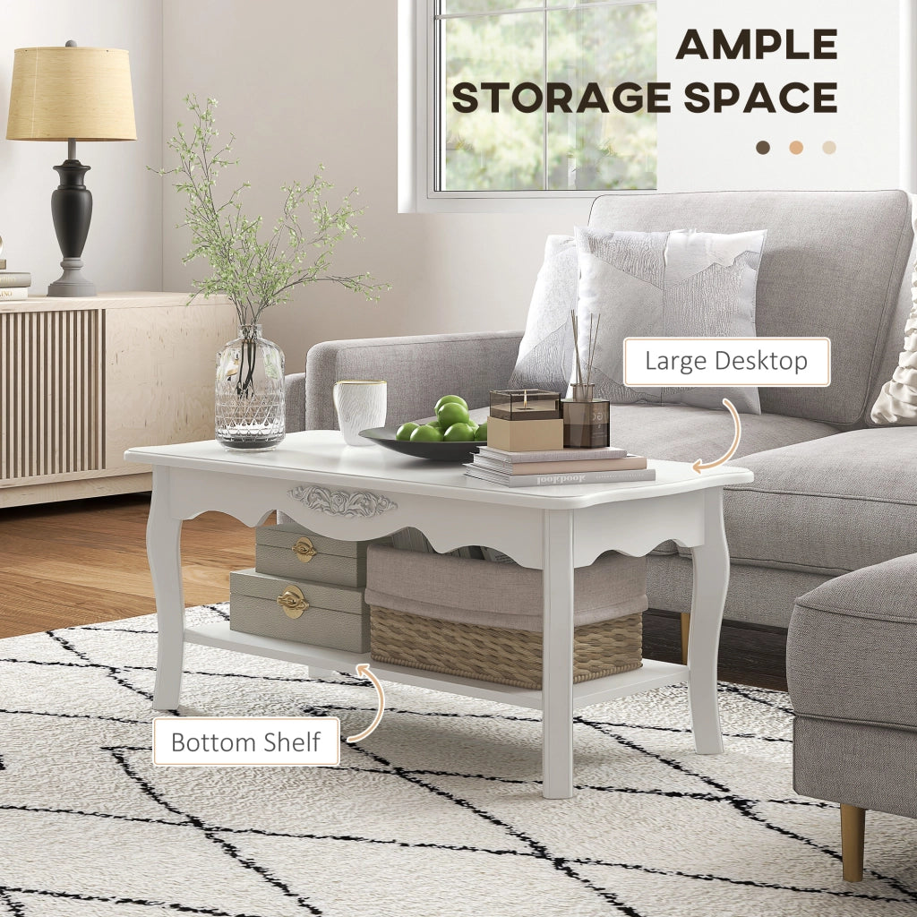 Tavolino da Salotto con Ampio Ripiano Portaoggetti Inferiore in Legno. 94x44x43cm. Bianco