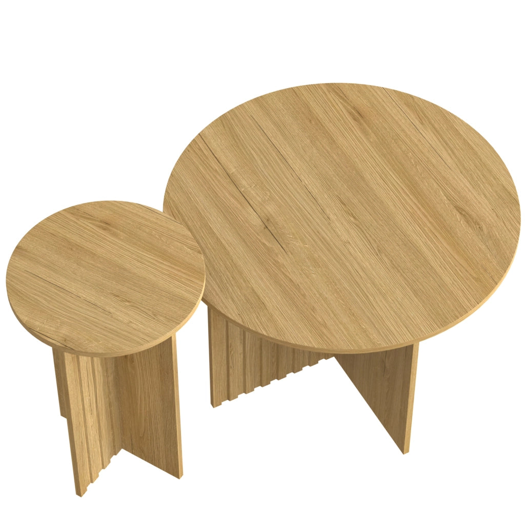 Set di 2 tavolini da salotto rotondi 76x76x50 cm e 40x40x56.5 cm; MDF e pannello truciolare; colore legno