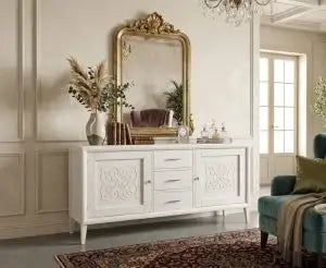 Credenza madia spillo in legno 2 ante 3 cassetti bianco anticato con rilievo