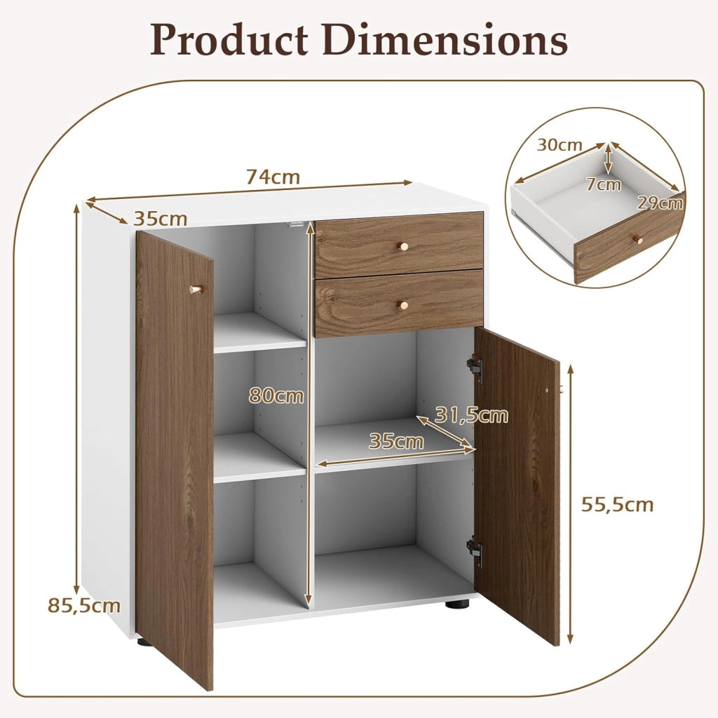 Armadietto da Cucina in Legno con 2 Cassetti e 3 Ripiani Regolabili, Credenza Sala da Pranzo e Soggiorno, 74 x 35 x 85,5 cm