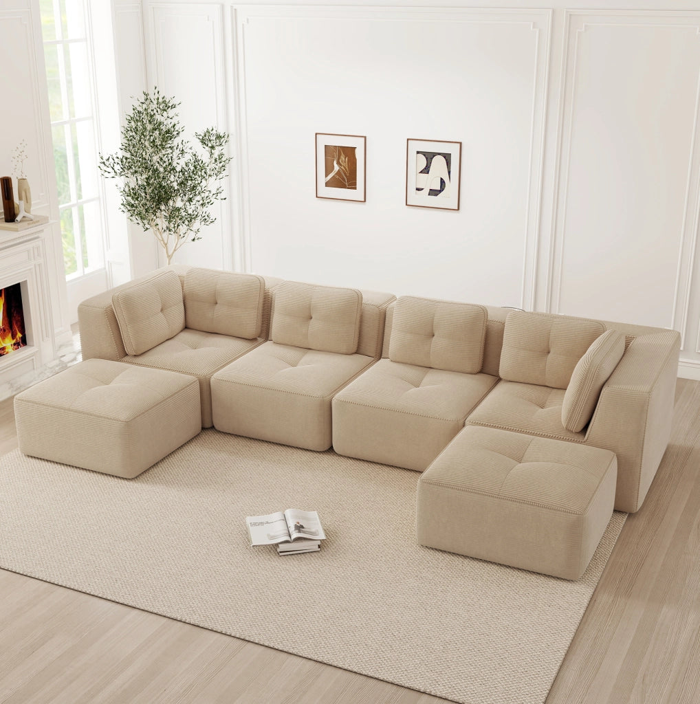 Divano angolare modulare in velluto a coste Beige; 386x177x69 cm; senza montaggio