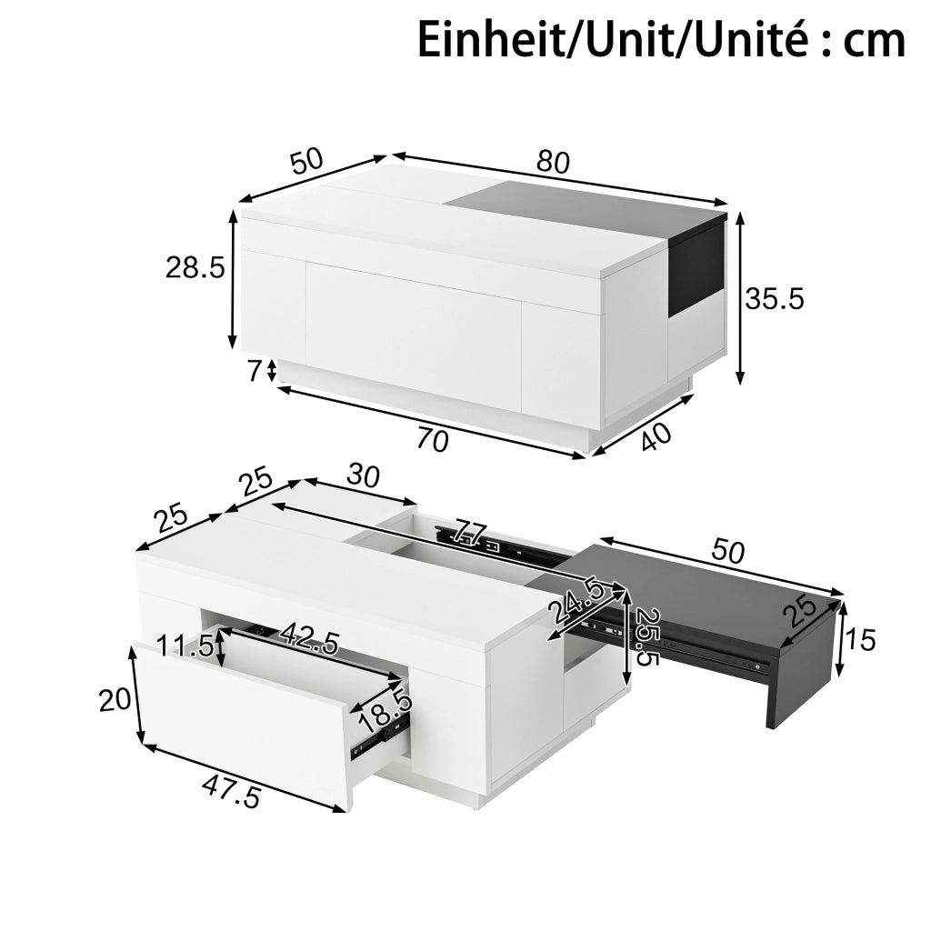 OKWISH Tavolino da Salotto Moderno con Piano Estensibile, Cassetto Nascosto Soft Close e LED Bluetooth, 80 x 50 x 35.5 cm