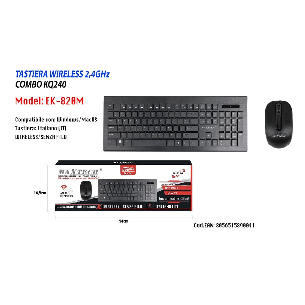 Trade Shop - Tastiera Mouse Wifi Wireless Impermeabile 2.4ghz Computer Laptop Pc Maxtech Ek-820m -