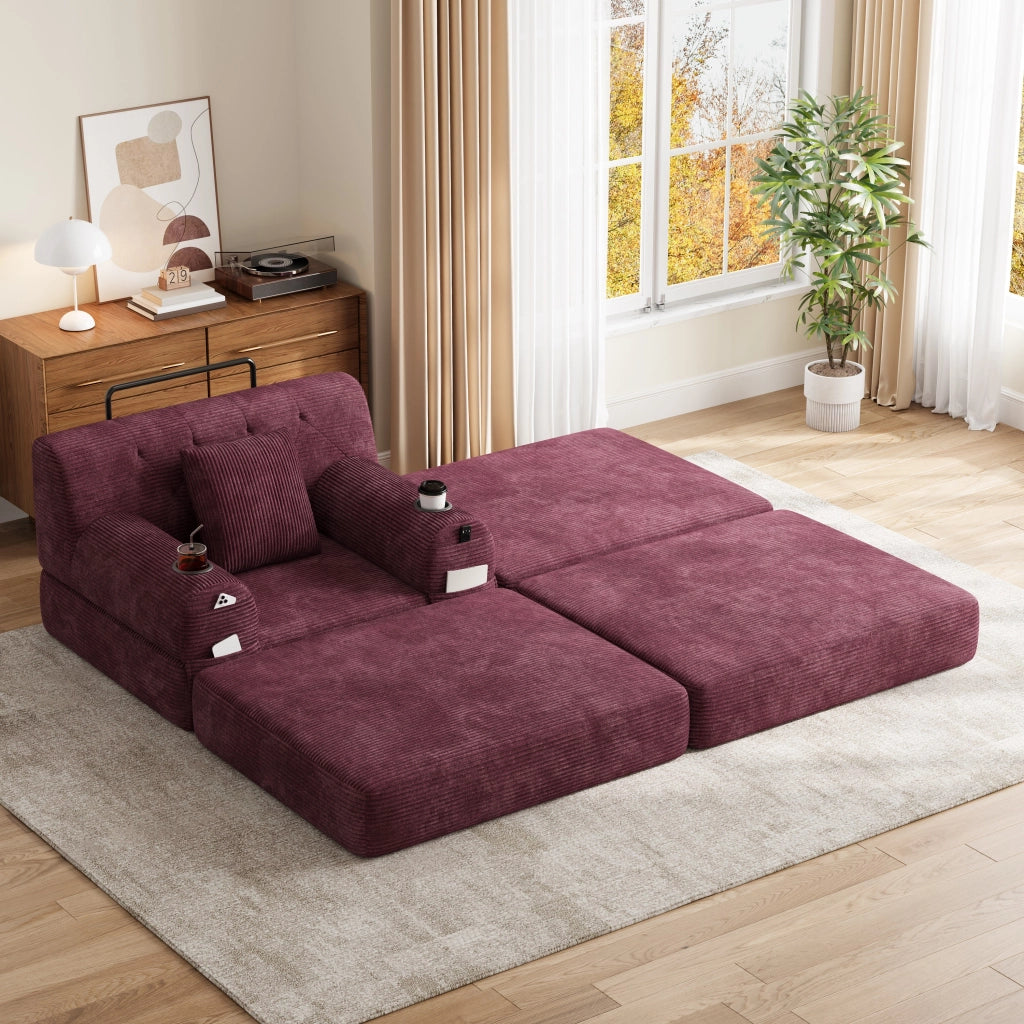Poltrona letto - con funzione letto; tasche laterali e portabicchieri - in velluto a coste bordeaux