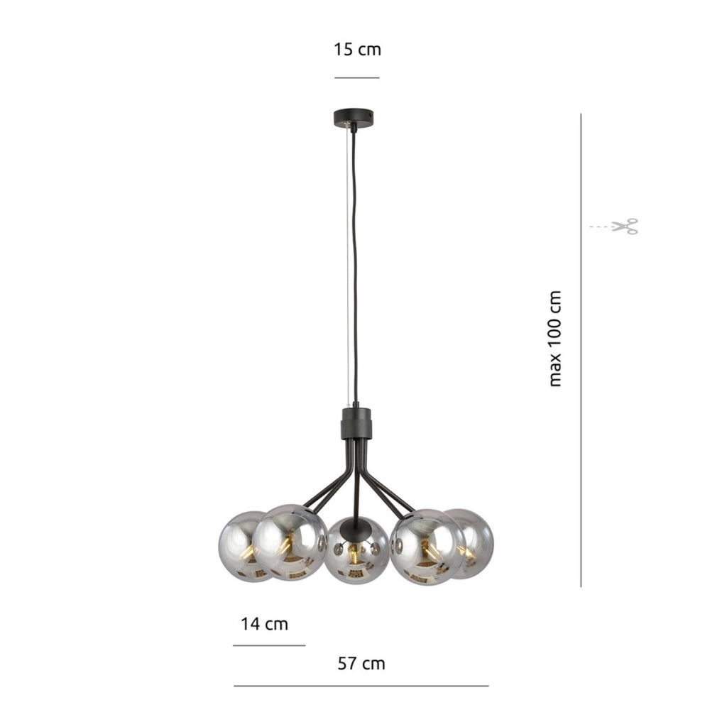 Lampada a sospensione NOVA in acciaio nero con diffusori in vetro grafite