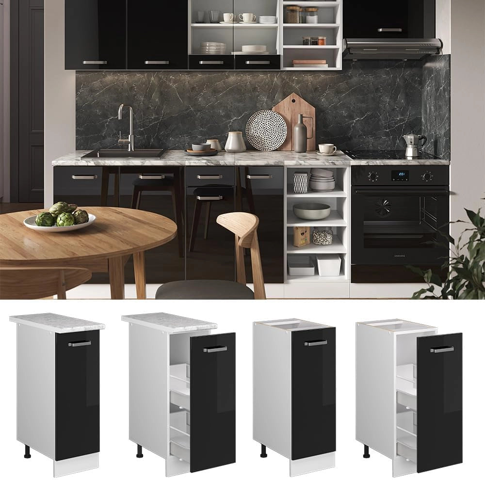 Armadio cucina dispensa alto R-Line, Nero lucido, 30 cm, PL Marmo, per la libera combinazione all'interno di sistemi cucina modulari