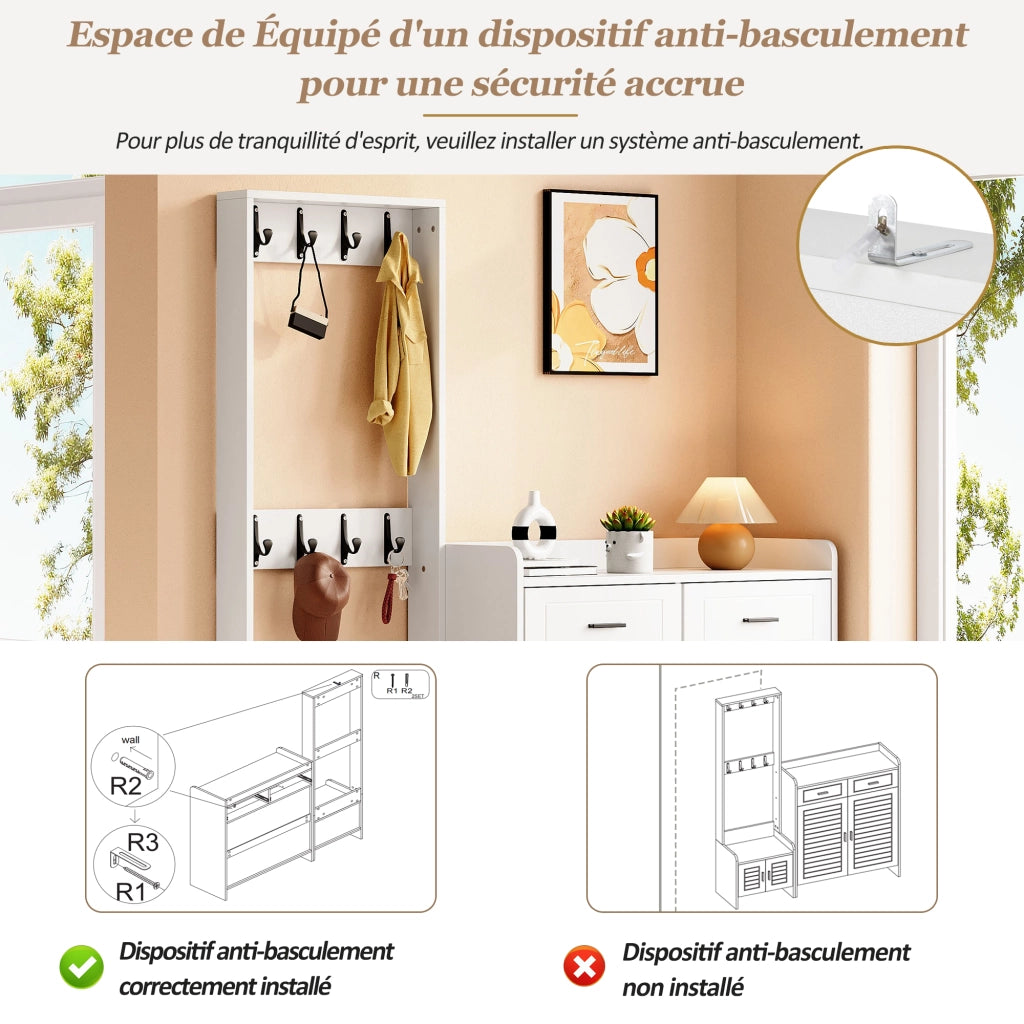 Mobile ingresso con 2 cassetti; 2 ante; 6 ripiani e 8 ganci; con vano aperto; per ingresso e corridoio; bianco; 125 Ã— 36 Ã— 165 cm