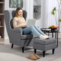 Poltrona per Salotto in Tessuto con Pouf Poggiapiedi, Schienale Alto e Cuscino, 75x83x104 cm, Grigio