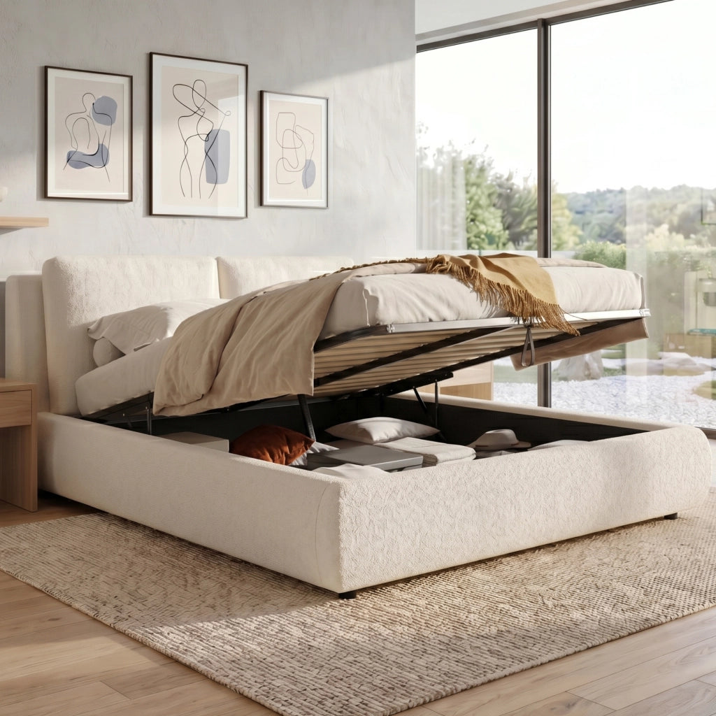 Letto Contenitore 160 x 200 cm; Letto Matrimoniale con Rete e Testiera Imbottita - Beige