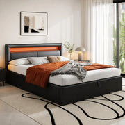 Letto imbottito con contenitore e LED 140x190 cm; testiera 80 cm; rete a doghe inclusa; PU nero