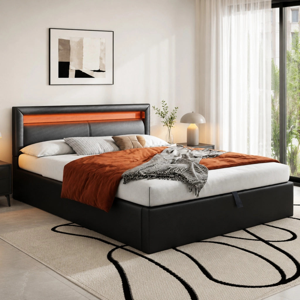 Letto imbottito con contenitore e LED 140x190 cm; testiera 80 cm; rete a doghe inclusa; PU nero