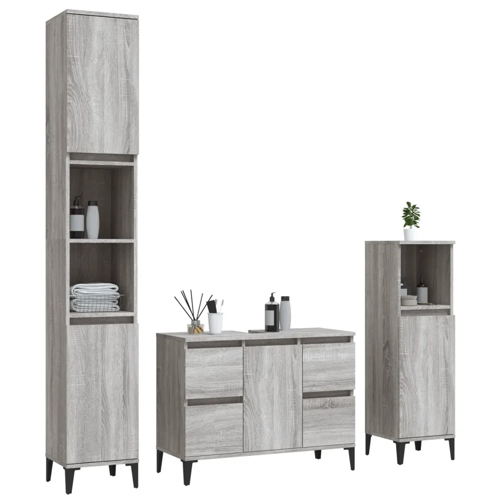Set Mobili da Bagno | Armadio da bagno 3 pz Grigio Sonoma in Legno Multistrato