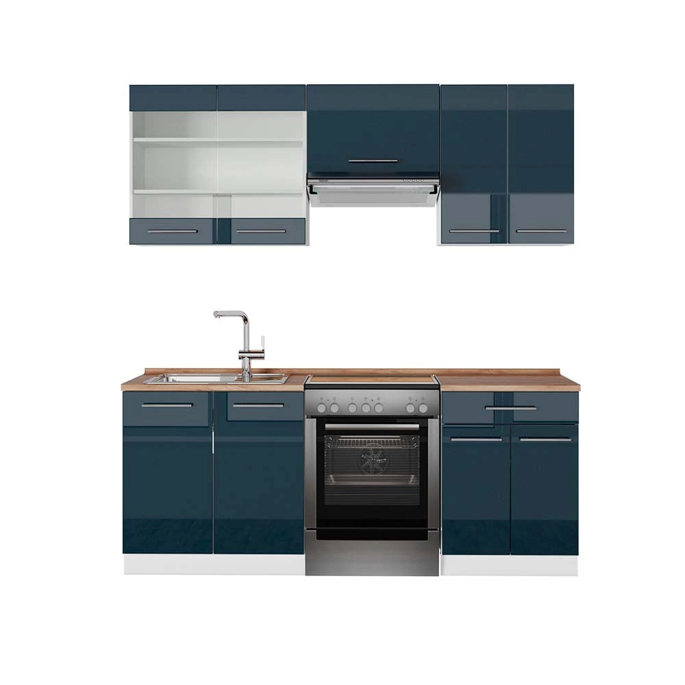 Mobili da cucina Fame-Line Blu scuro lucido/Bianco 200 cm, PL Rovere Vicco