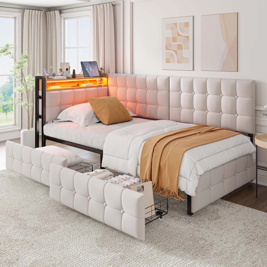 Divano letto imbottito 90x200 cm beige con 2 cassetti; LED; USB e porta Type-C