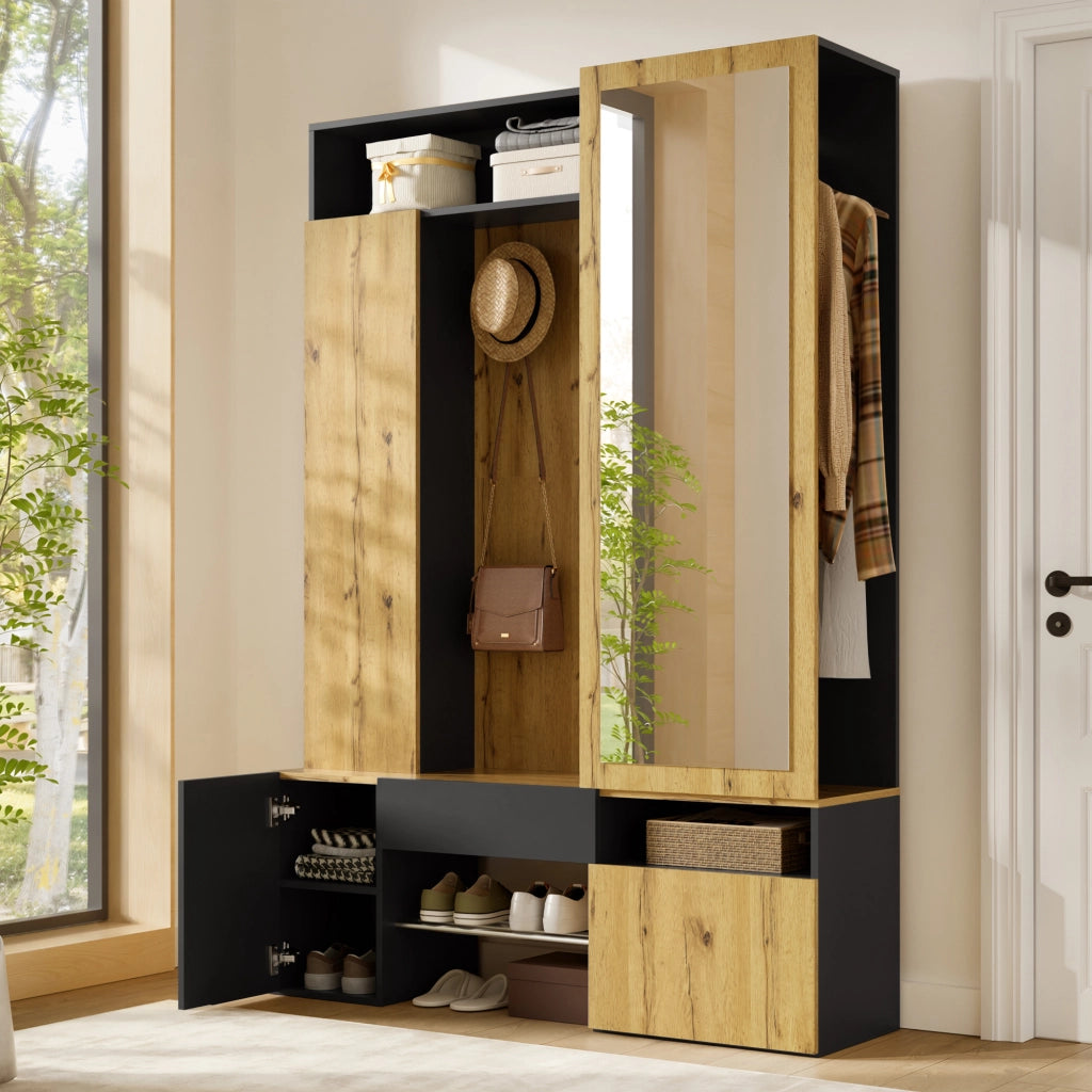 Guardaroba da ingresso con specchio; scarpiera e appendiabiti in MDF nero e naturale
