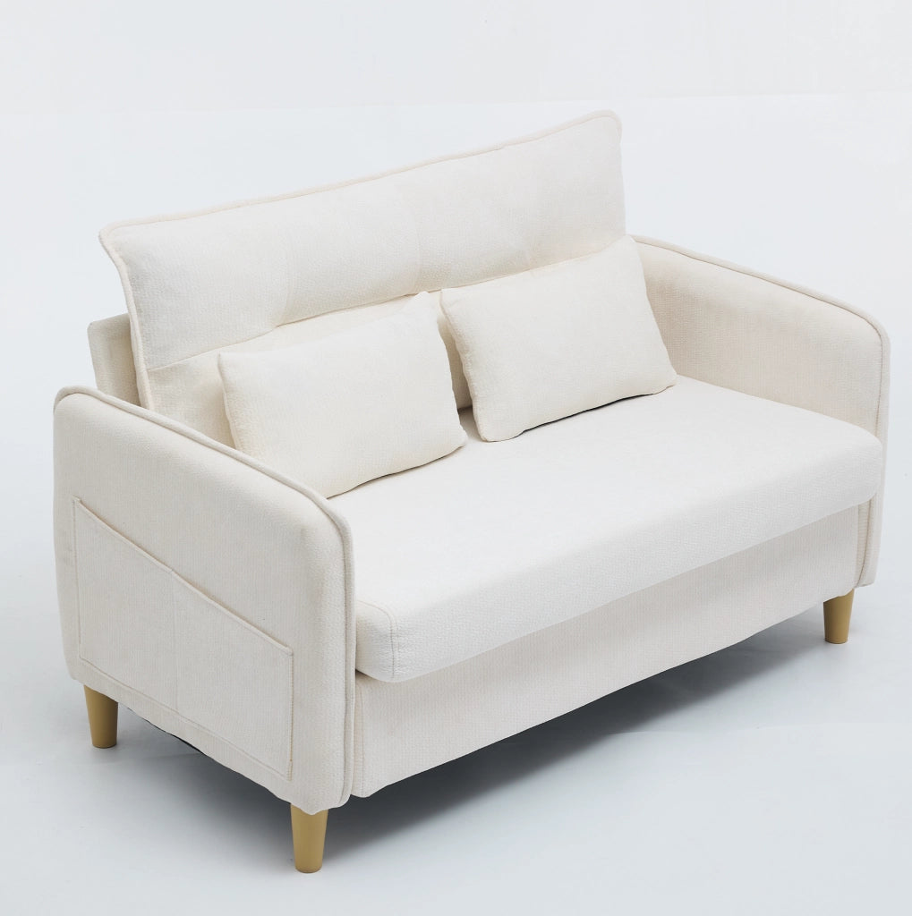 Divano a 2 posti in tessuto chenille Beige, 127 cm, con braccioli e tasche laterali