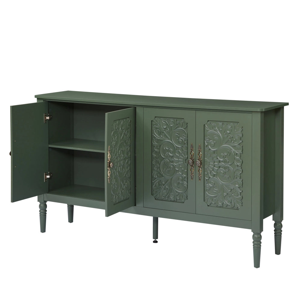 Credenza 160x40x89 cm con decori in rilievo e angoli arrotondati in truciolare; MDF e metallo verde