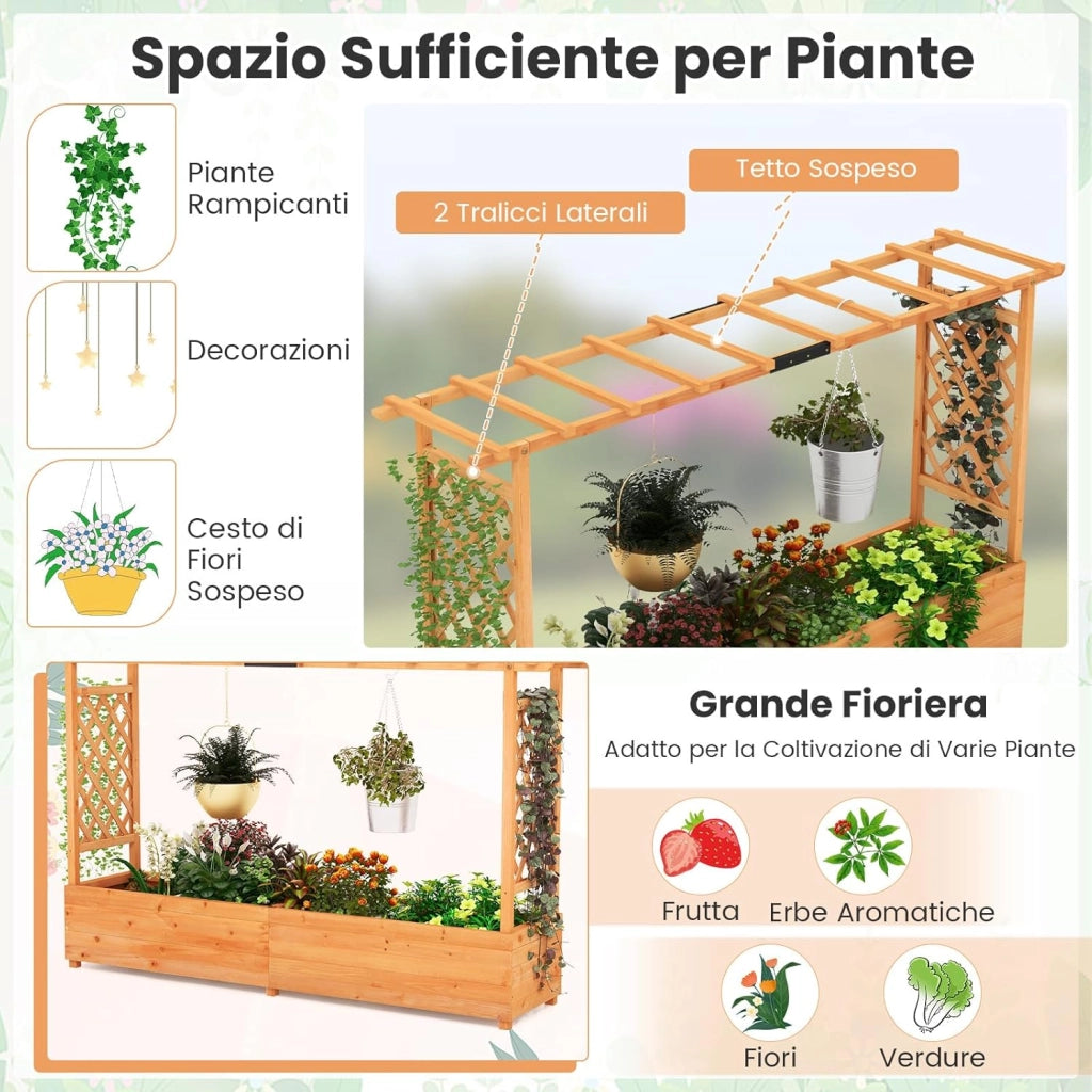 Fioriera Rialzata con Grigliato, Aiuola Rialzata con Traliccio per Piante Rampicanti e Fori di Drenaggio, Orto Elevato da Giardino, Terrazzo e Cortile (Arancione, 200 x 44 x 114 cm)