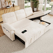 Divano angolare convertibile con letto estraibile chaise longue reversibile con contenitore in chenille beige per casa