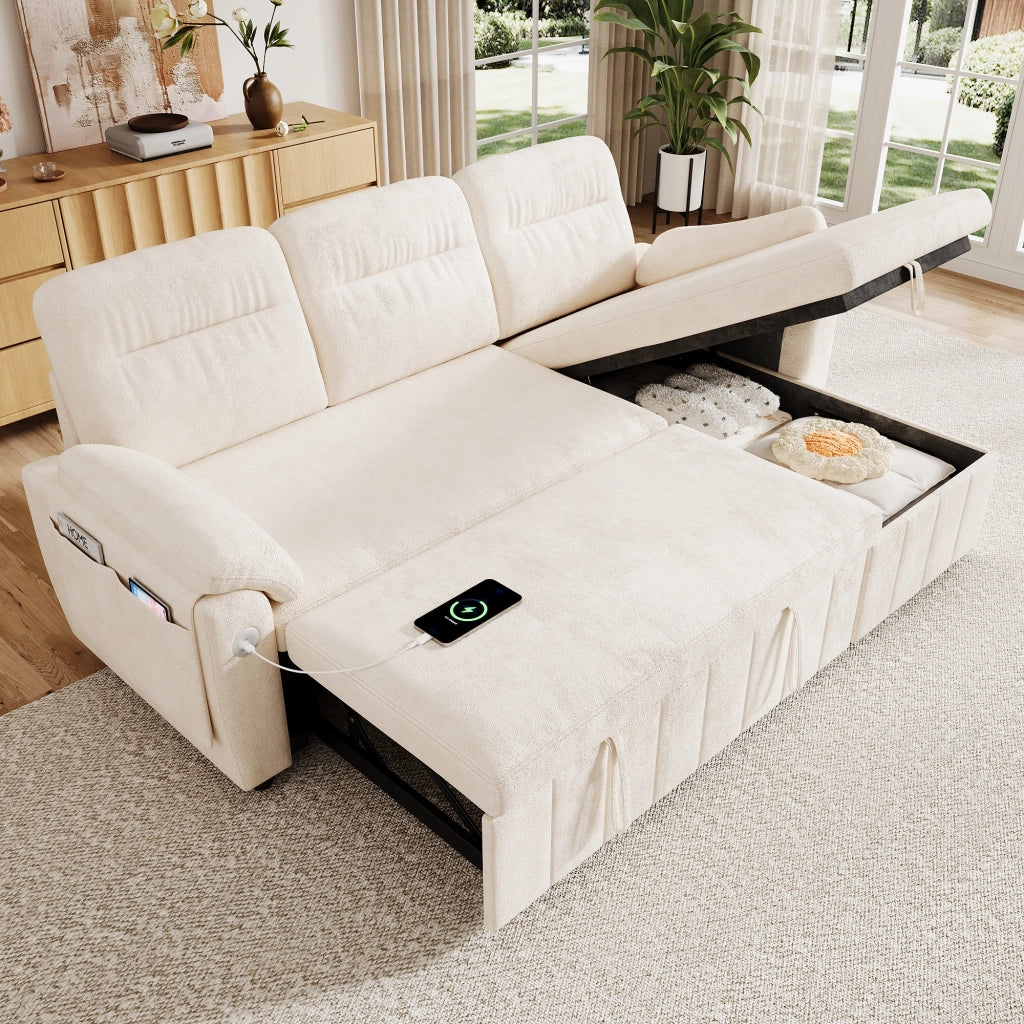 Divano angolare convertibile con letto estraibile chaise longue reversibile con contenitore in chenille beige per casa