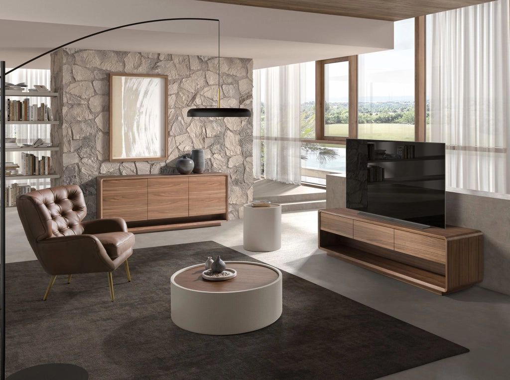 Tavolino da caffè rotondo in noce e legno rivestito in similpelle color sabbia
