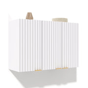 Mobile contenitore pensile con 3 ante; design a doghe ondulate e maniglie dorate; per cucina e bagno; 90×29×60 cm