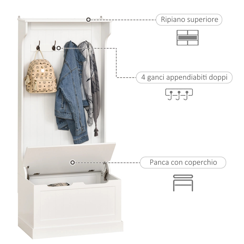 Easycomfort Appendiabiti da Terra Moderno 3 in 1 con 4 Ganci, Panca Contenitore e Attaccapanni, Salvaspazio Mobile da Ingresso, Corridoio, Camera da Letto in Legno, 71.5x39.5x170 cm, Bianco