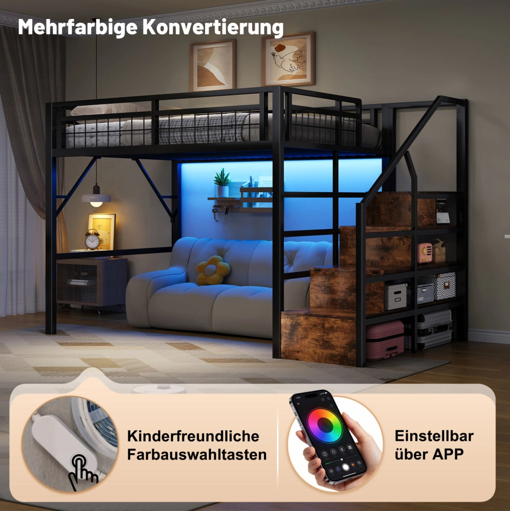 Letto a soppalco 140x200 cm con LED e scale contenitore nero