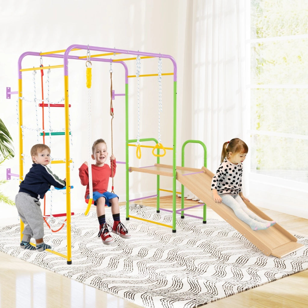 Playset da arrampicata 8 in 1 con barre parco giochi da interno anelli ginnici-Set giocattoli scivolo per bambini regalo per et¨¤ 3+