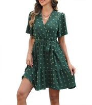 Abito Casual Corto Manica - V- Collo/Raccordo - Vita Abbigliata - Materiale Dolce e Comodo - Ideale per Primavera/Estate - Accenta la Figura Sottile - Abito Estate