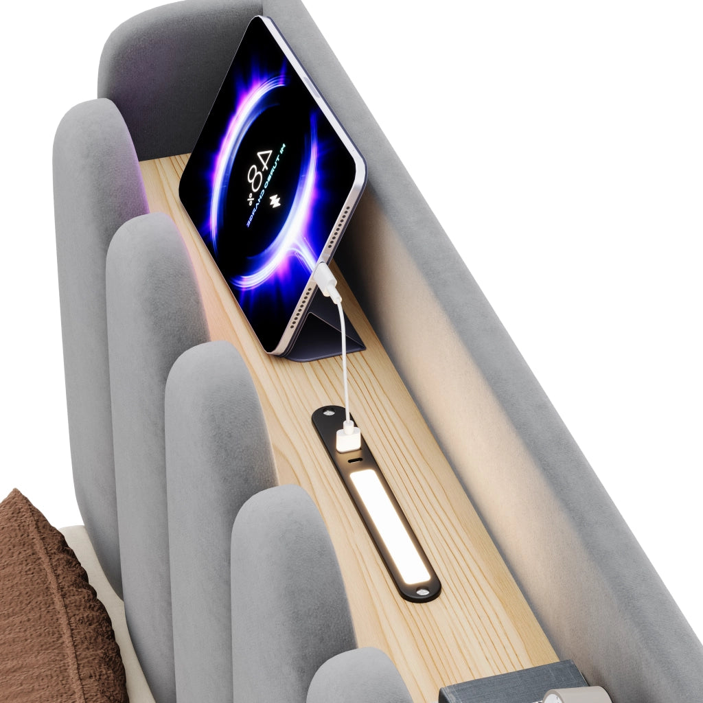 Letto Singolo 90x200 cm; Contenitore; USB e Type-C; Luce Notturna; in Velluto Grigio