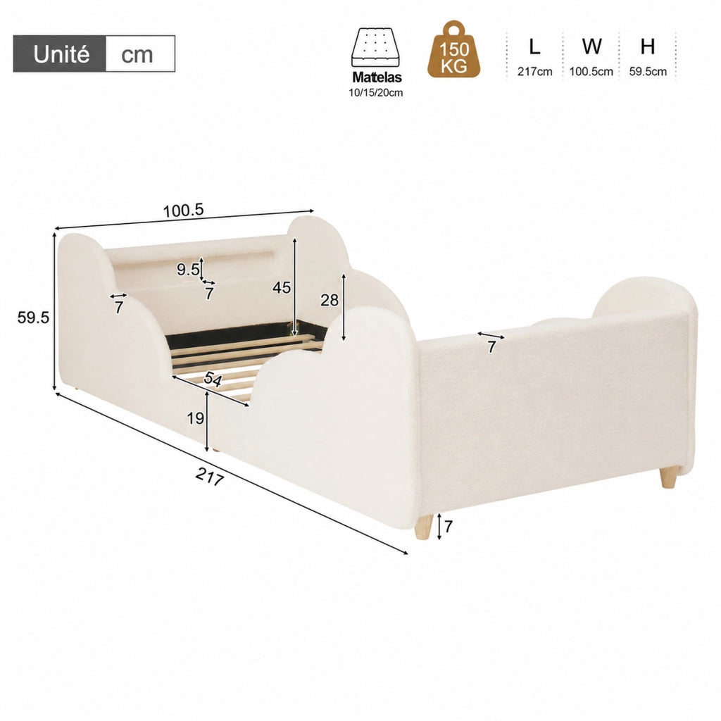 Letto per bambini 90 × 200 cm con sponde imbottite, luce notturna, porte USB e Type-C, senza materasso, beige