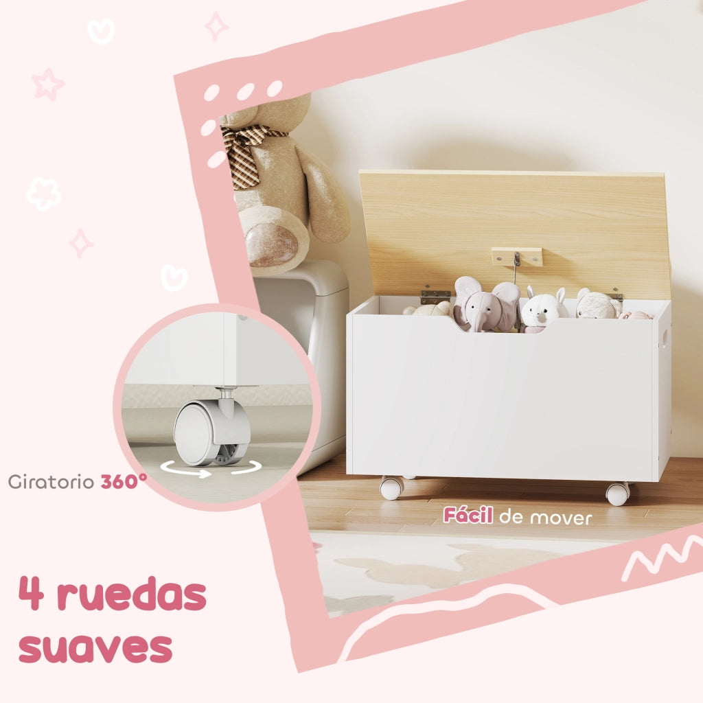 Contenitore portagiochi con ruote ¨C Xylo ¨C bianco e naturale con coperchio di sicurezza