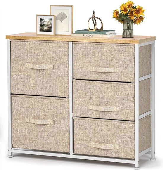 Cassettiere, piccolo mobile con 5 cassetti in tessuto, cassettiera pratica, arredamento organizzativo per camere da letto, camerette, ingressi di appartamenti, corridoi, beige