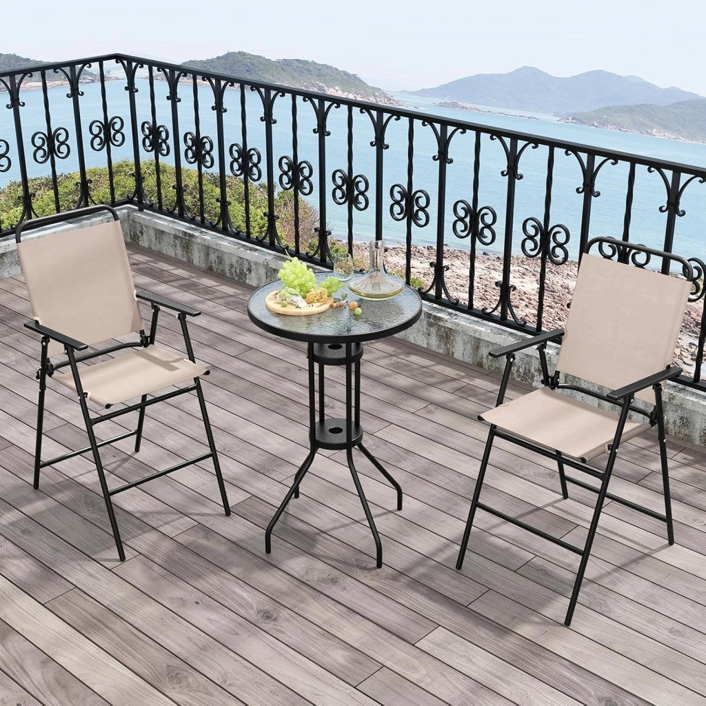 Set da Bistrò, Set da Giardino con (Ombrello), Tavolo con Foro da Ombrello, e 2 Sedie Pieghevoli, Set Tavolo e Sedie da Giardino, Set da Esterno per Balcone, Beige (Senza Parasole)
