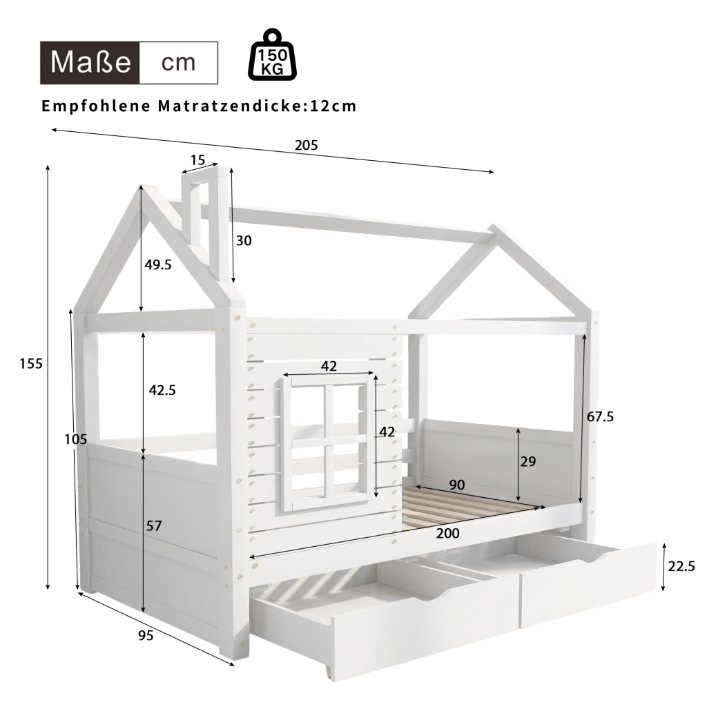 Letto per bambini a casetta 90x200 cm in legno massello di pino, bianco, con sponde, rete a doghe e 2 cassetti contenitore
