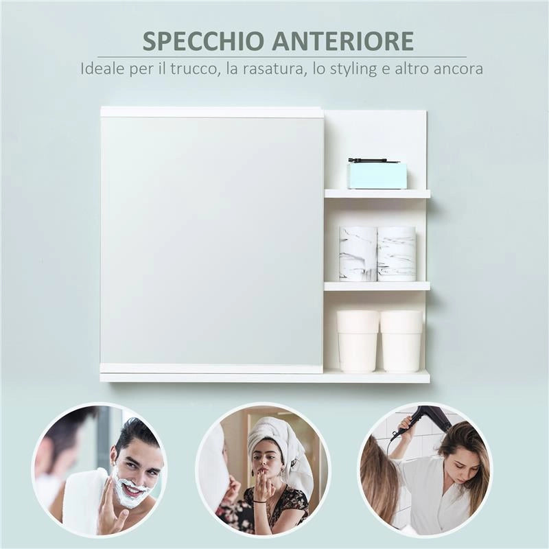 SPECCHIERA BAGNO A PARETE CON ANTA E 3 RIPIANI LATERALI IN LEGNO, 60X18X50CM, BIANCO