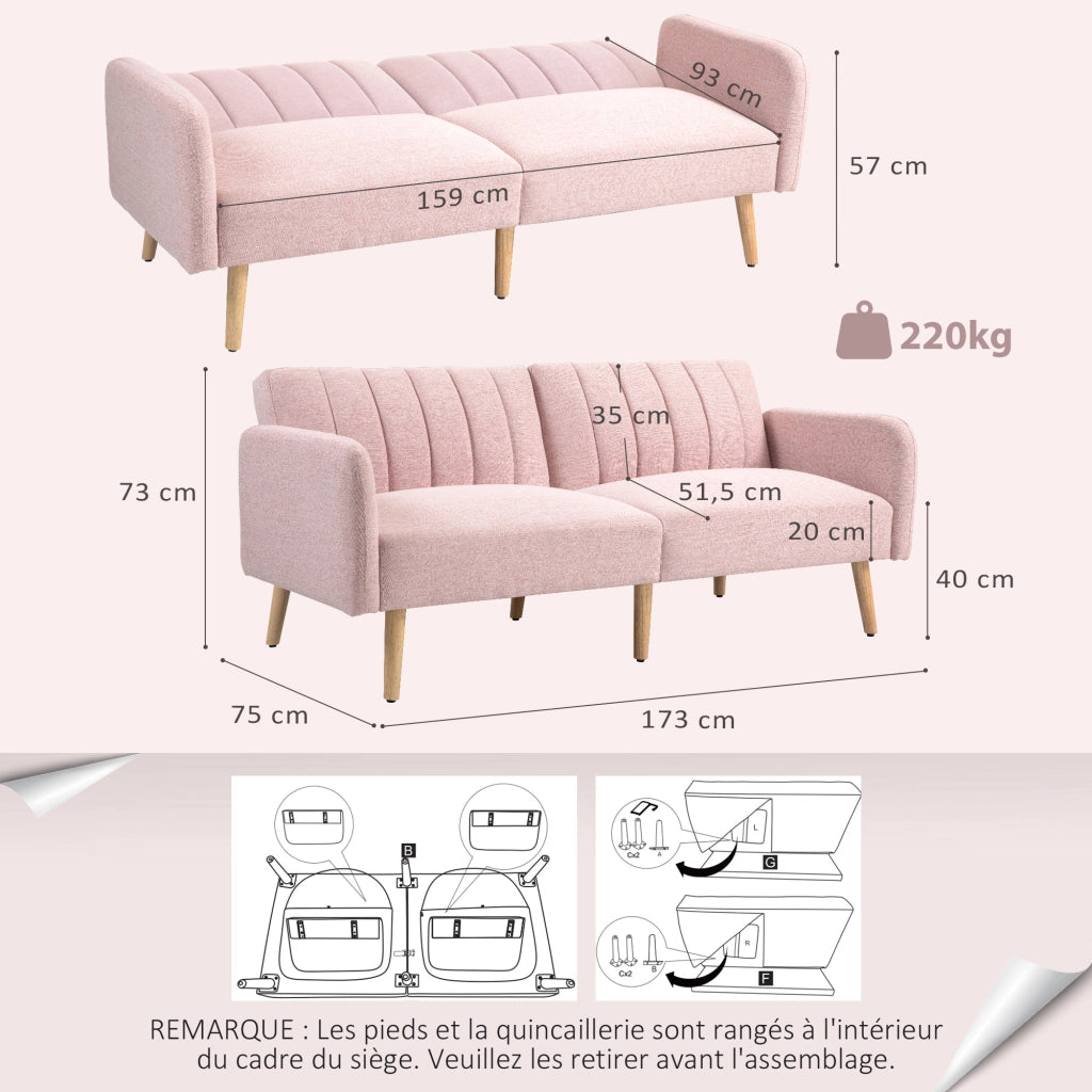 Divano letto 2 posti ¨C zephmum ¨C Tessuto rosa, struttura in legno