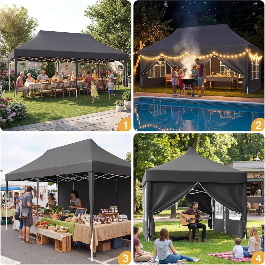 Gazebo 3x6 Pieghevole con Pareti Laterali, Gazebo con Altezza Regolabile, Telo in Tessuto Oxford Impermeabile, Tenda Robusta e Duratura per Matrimoni, Esterno, Giardini e Feste, Grigio